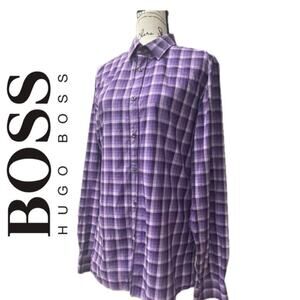HUGO BOSS SLIM BUTTON UP LONG SLEEVE SHIRT PLAID PURPLE COLOR SIZE LARGE